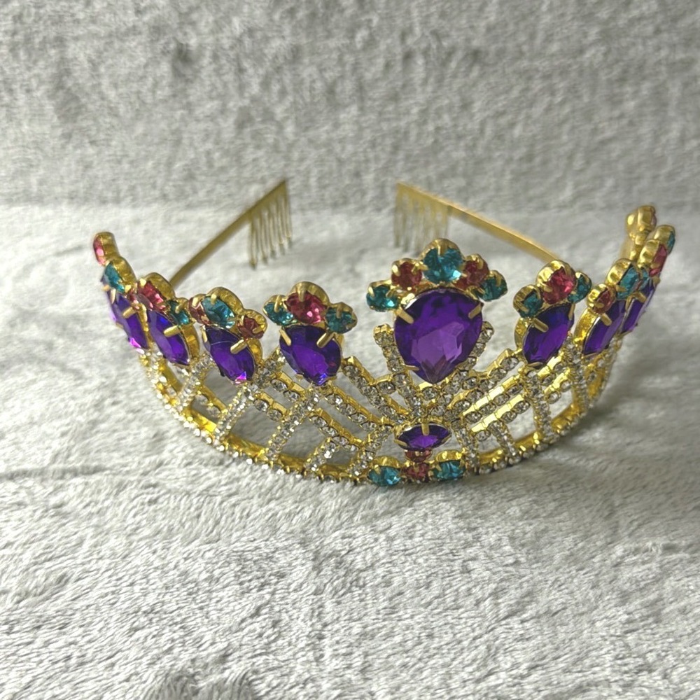 Tiara Crown Metal Women Gold Purple Teal Rhinestone Pageant‎ Regal Birthday NOLA - Picture 3 of 7